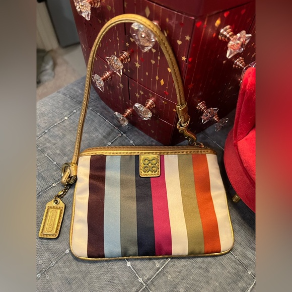Coach Legacy Striped Satin Wristlet Dark Gold Leather - Picture 1 of 9